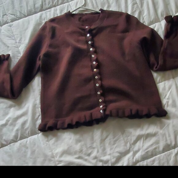 NEW Ruffle Cardigan Brown Button Up Crew Neck Long Sleeve - Picture 2 of 9